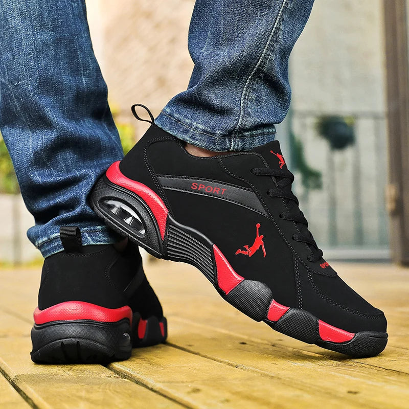 Men's Running Shoes Lightweight Breathable Lace-Up Sneakers, Black Gold/Red/White, EU 38-45