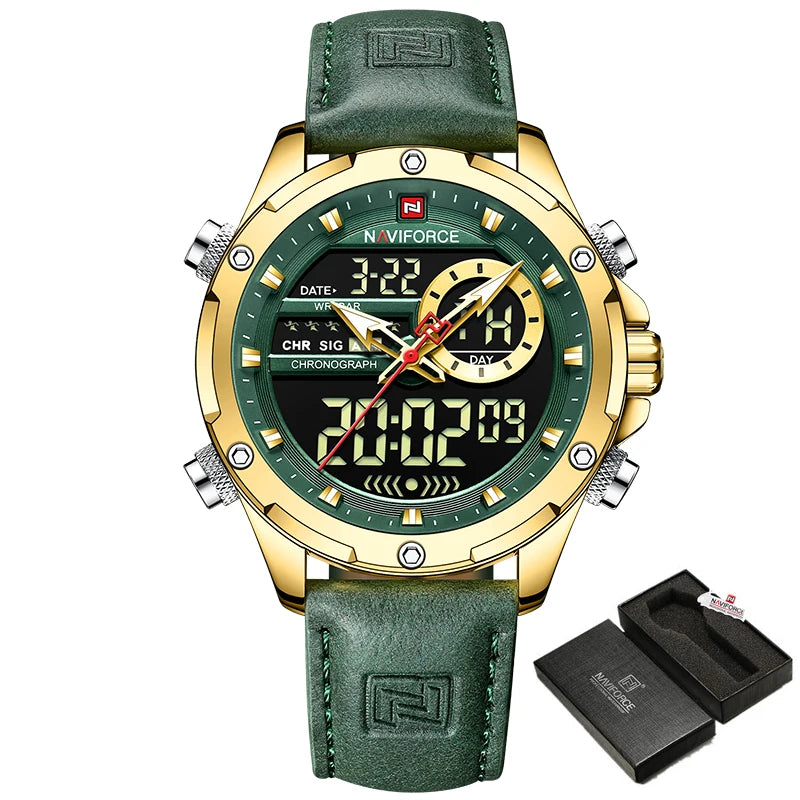 NAVIFORCE Men's Digital Quartz Sport Watch LED Waterproof Wristwatch, Gold Black