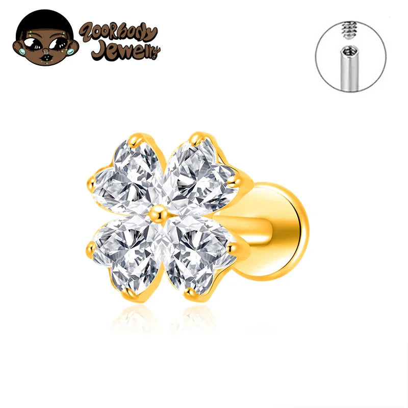 ASTM F136 titanium heart CZ labret stud 16G/18G, gold tone, 4-14mm bar