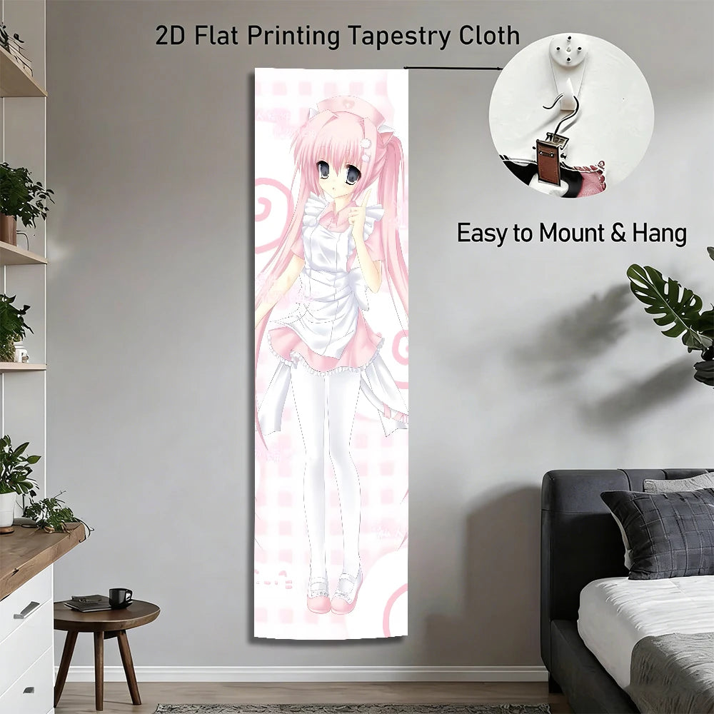 Kawaii Pink Nurse Anime Girl Vertical Tapestry, Long Wall Scroll, Cute Pastel Wall Hanging for Bedroom, Otaku Room Decor & Anime