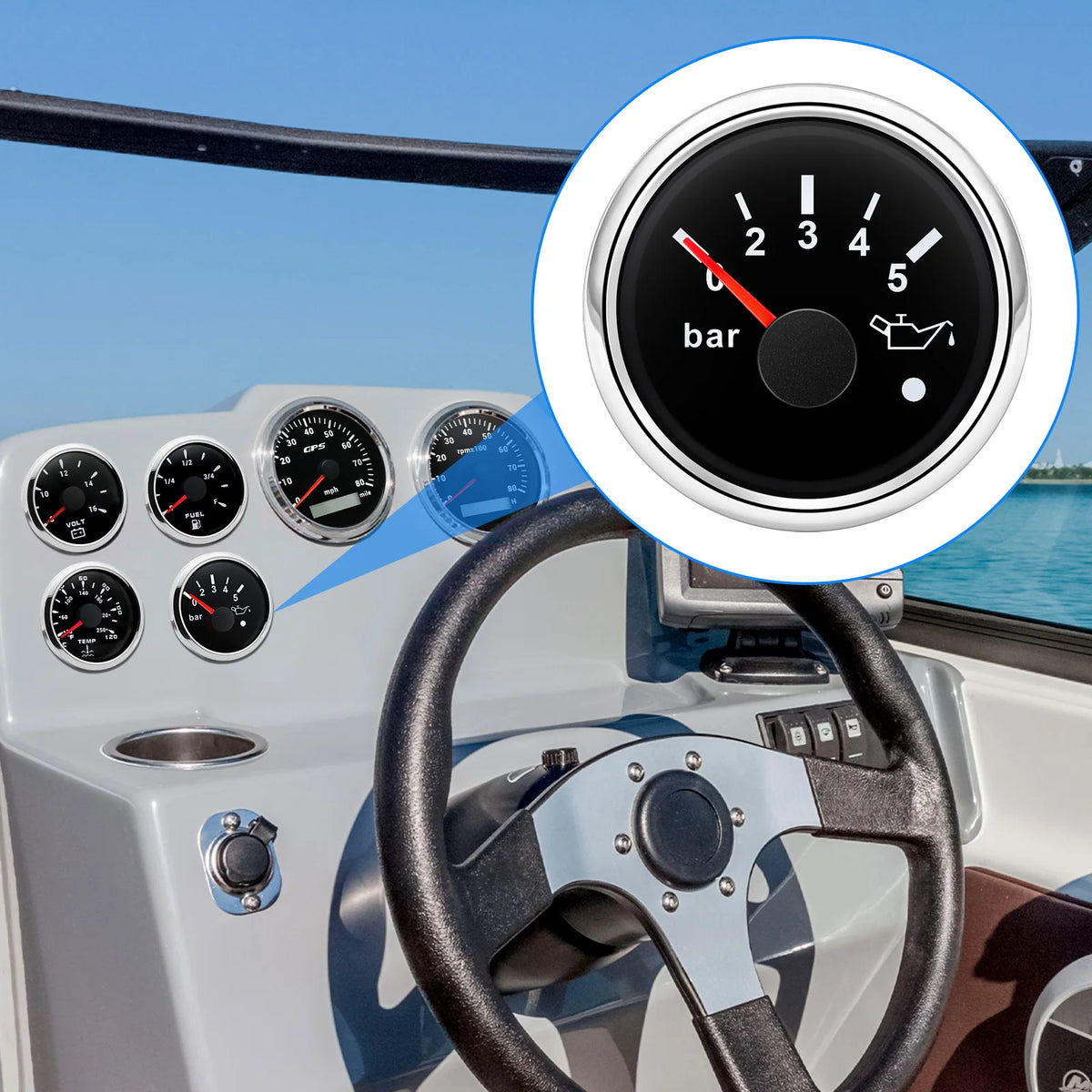 52mm Oil Pressure Gauge with Alarm Red LED 0-5 Bar 0-10Bar Oil Press Meter+Sensor 1/8NPT for Auto Car Marine Yacht 12V24V Custom