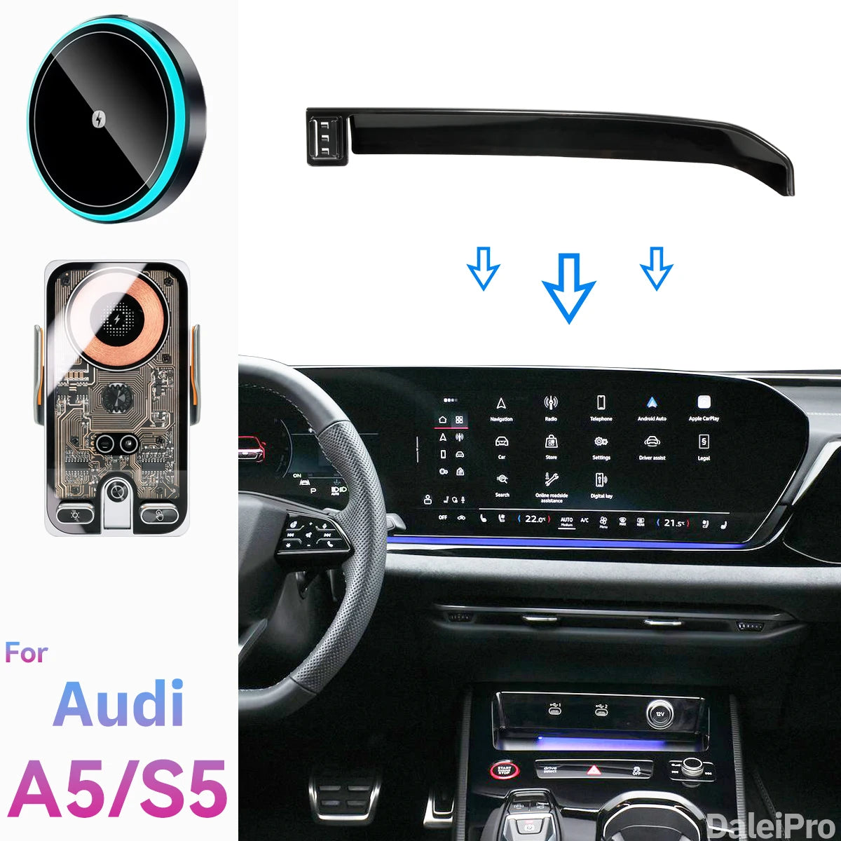 Audi A5/S5/RS5 2025-2027 Screen Clip Car Phone Holder Mount with Wireless Charger (Qi)