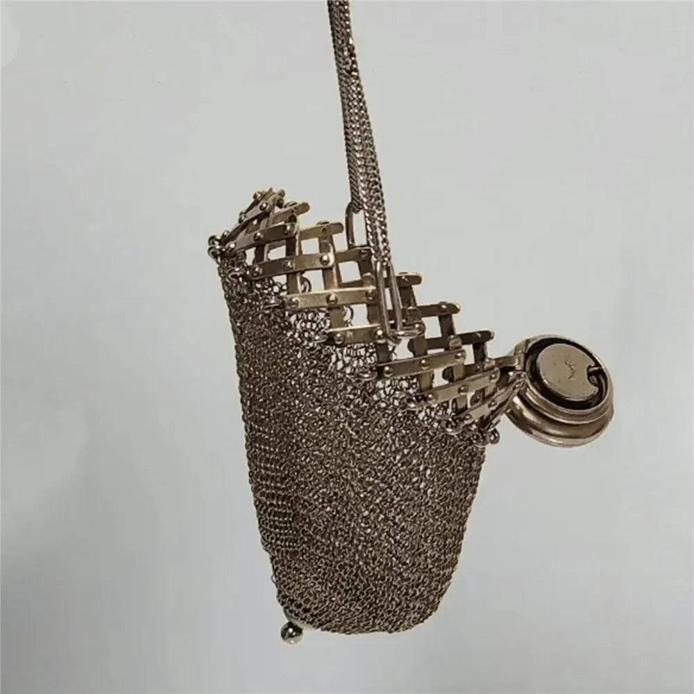 1920's English Handmade Coin Purse Chain Nail Vintage Shrink Coin Purse Double Mesh Bag Stainless Steel Coin Collection Bag