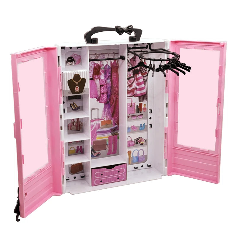 Pink Wardrobe with 10pcs Hangers Playset Doll Accessories Fashion Toys Fold-out Rack Portable Closet Birthday Christmas Gift