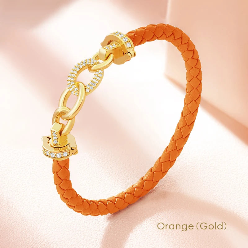 MOONLIGHT New Luxury Women's Zircon Ring Round Bracelet Genuine Braided Leather Bracelet for Woman Fashion Accessories 8 colors