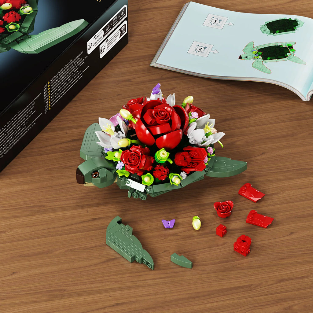 Sea Turtle Red Roses Planter Building Blocks Set Turtle Flowers Pot Bricks Toys Home Plants Decor Gifts for Women
