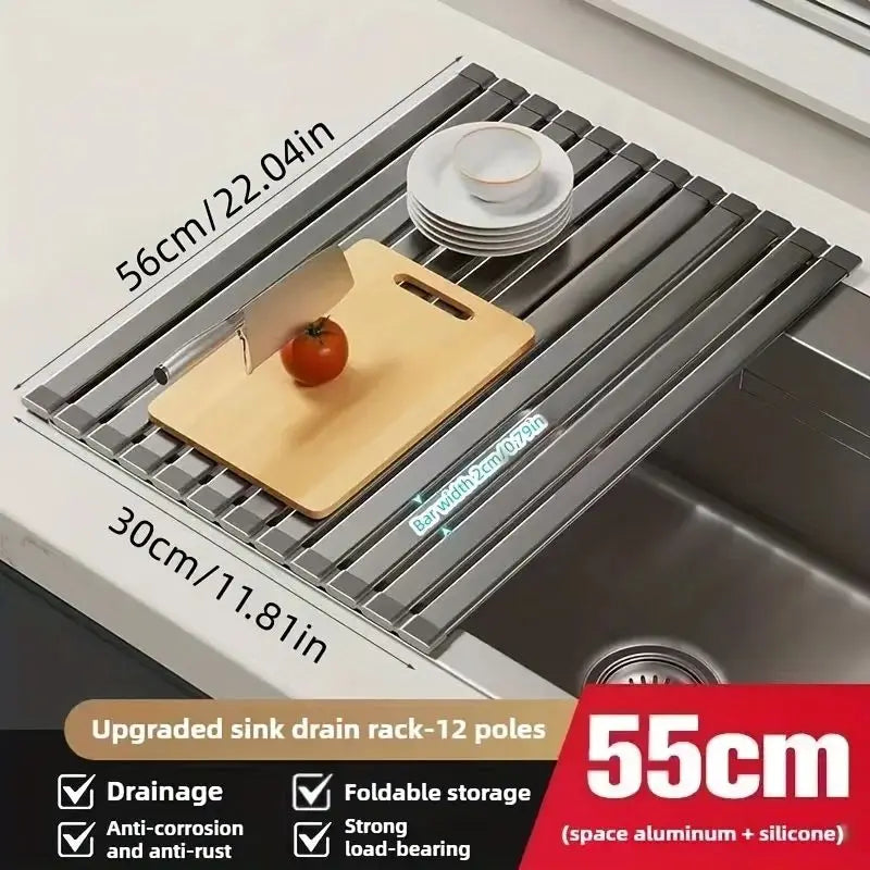 Foldable Roll-Up Dish Drying Rack Over Sink, Heat Resistant, Grey/White 45cm or 55cm