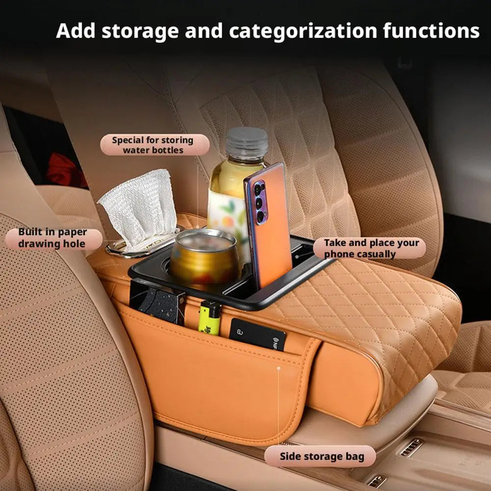 Car Armrest Box Multifunctional Thicken Height Pad Arm Rest Cushion with Pocket Tissue Cup Holder PU Elbow Support Height Pad