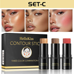 1 Set of 3 Contouring Sticks, Highlighter Sticks, and Blush Sticks, 3-Piece Cream Contouring Set, Creates Facial Contours, Non-Greasy