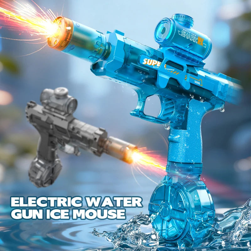 Electric Automatic Water Gun with LED Lights, Continuous Firing Long Range, Blue/Grey