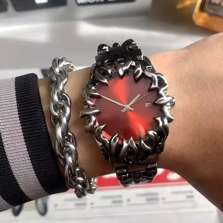 Men's Vintage Flame Design Alloy Watch Punk Quartz Wristwatch with Date for Men Unique Dragon Style Casual Waterproof Clock