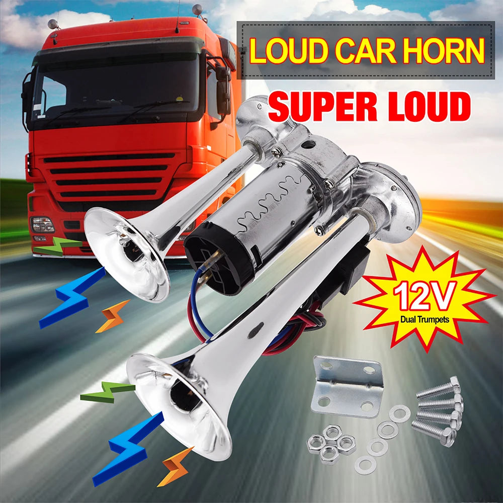 150db Car Electric Loud Horn Dual Trumpets Speaker Auto 12v Air Horn Siren Sound Security Alarm Signal for Train Truck  Boat SUV