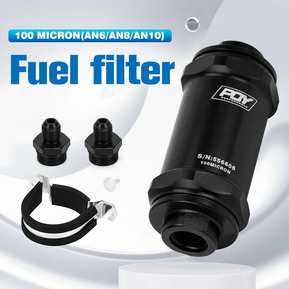 WLR - PQY BLACK AN6 / AN8 / AN10 Adaptor Fittings Inline Fuel Filter E85 Ethanol With 100 Micron Stainless Steel Element