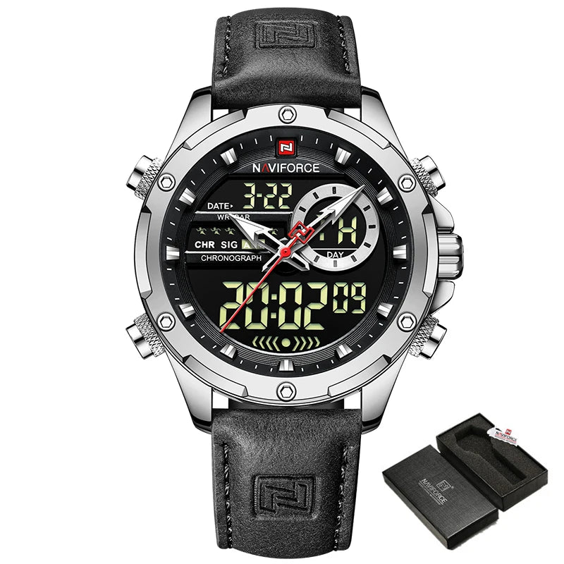 NAVIFORCE Men's Digital Quartz Sport Watch LED Waterproof Wristwatch, Gold Black