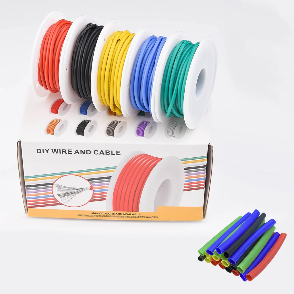 16/18/20/22/24/26/28 AWG Electric Wire with Heat Shrink Tubing,5 Colors Stranded Tinned Copper Flexible Silicone Hookup Wire Kit