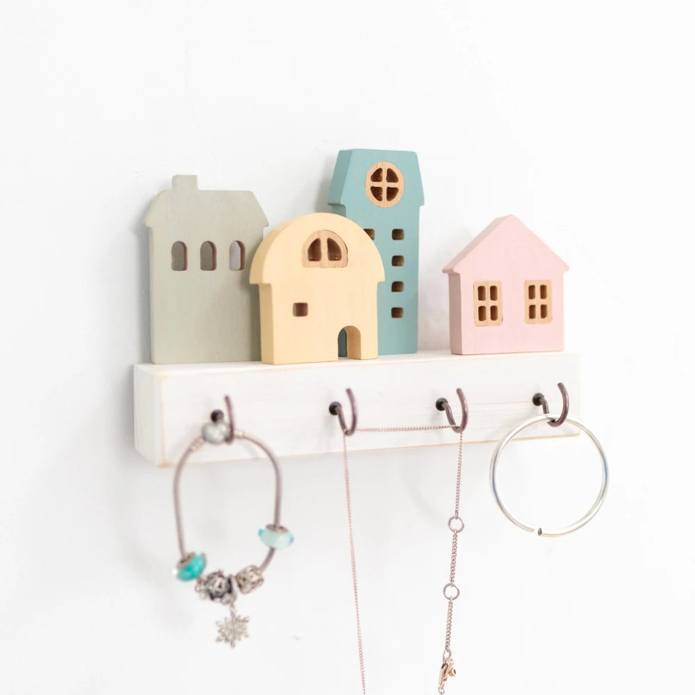 Wooden wall key hook rack with shelf, decorative storage organizer, assorted styles