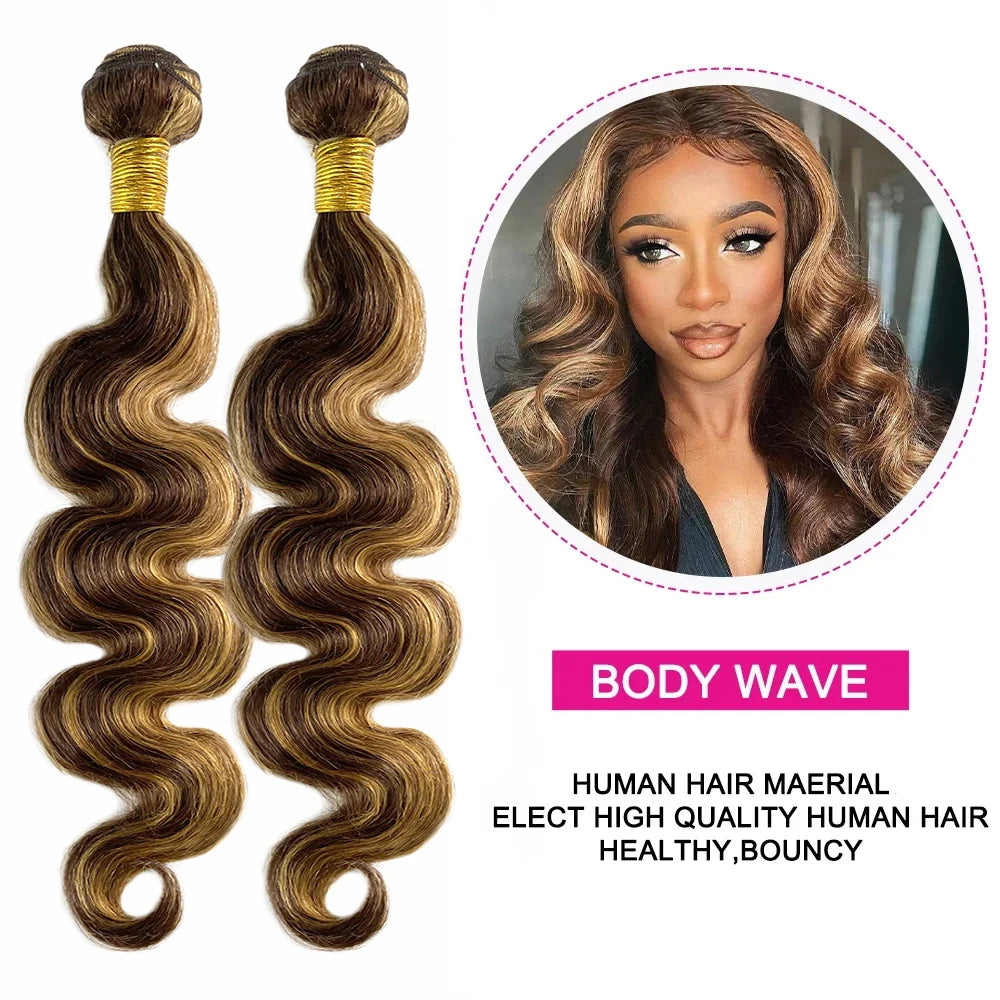 Body Wave Remy Human Hair Weave Bundles 4/27 Highlight Ombre Honey Brown, 1pc or 3pcs