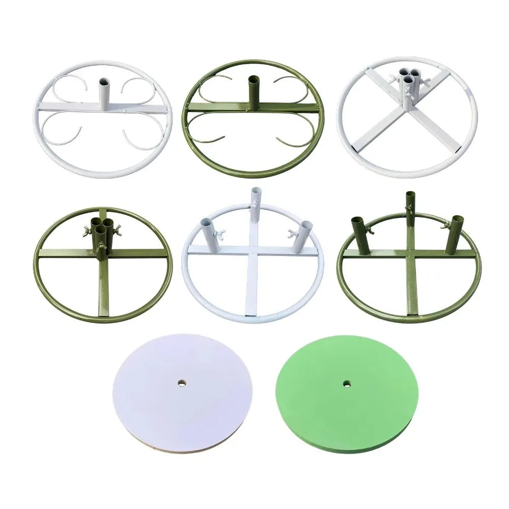 Metal flower pole display stand base, floor standing, reusable, green/white, 1-3 hole