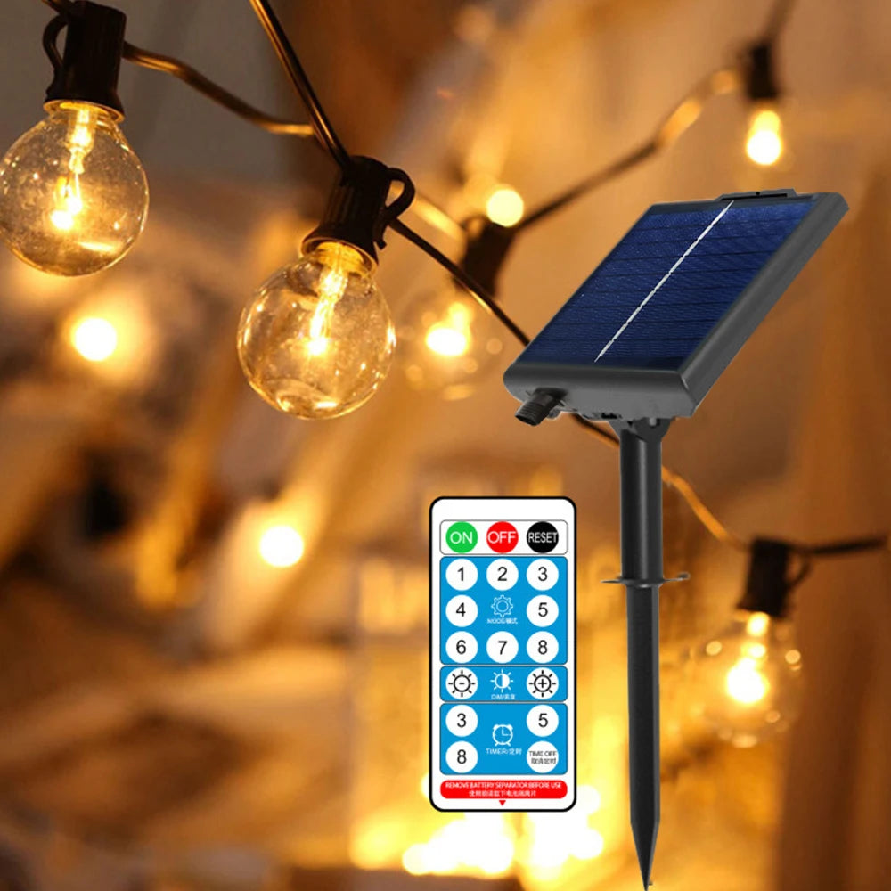 Solar G40 outdoor string lights with remote, shatterproof globe bulbs, IP65 waterproof, 10m 15 bulbs