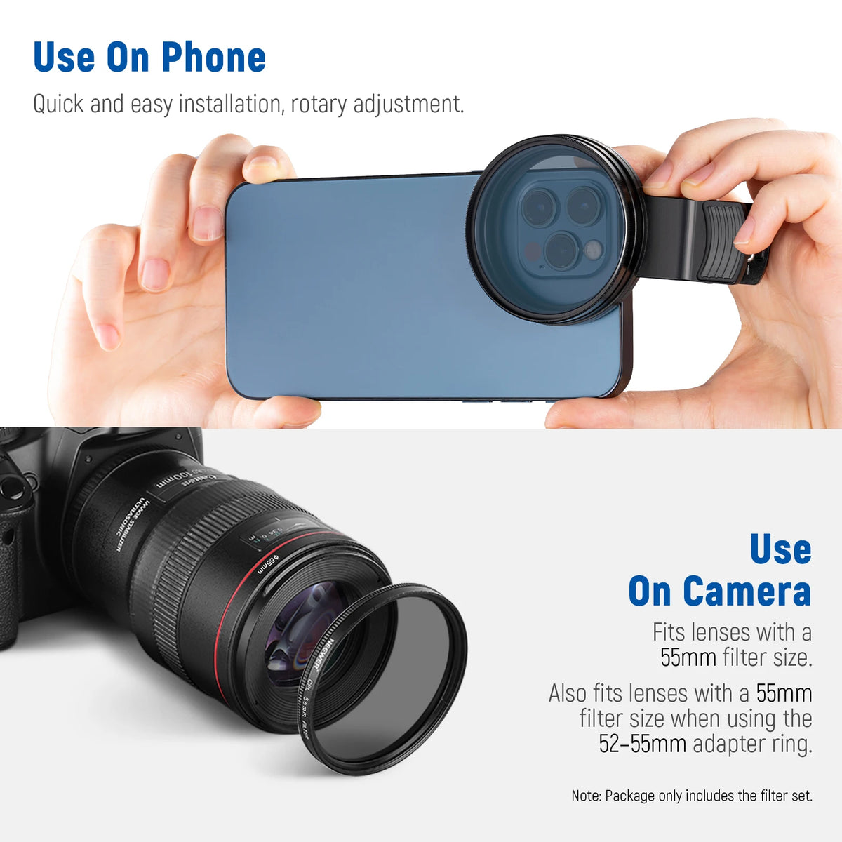 NEEWER ND32 ND Filter Kit for Phone & Camera, CPL,4 Graduated Color Filter, 52-55mm Adapter Ring, Phone Lens Clip For iPhone