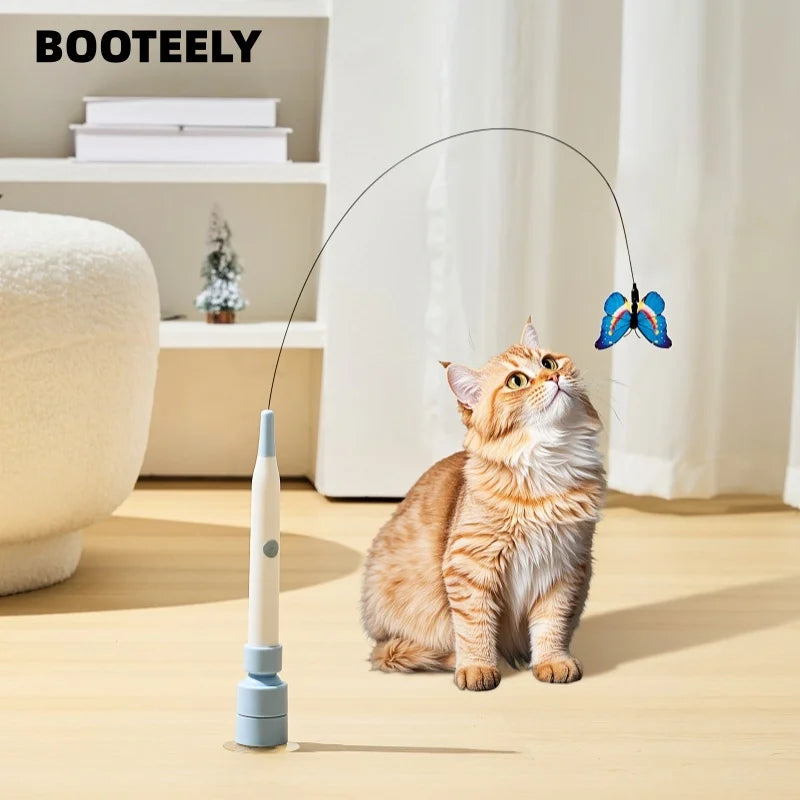 BOOTEELY Electric Suction Cup Cat Toy Butterfly Flying Cat Toy Self-entertaining Cat Toy Long Rod Steel Wire Cat Toy