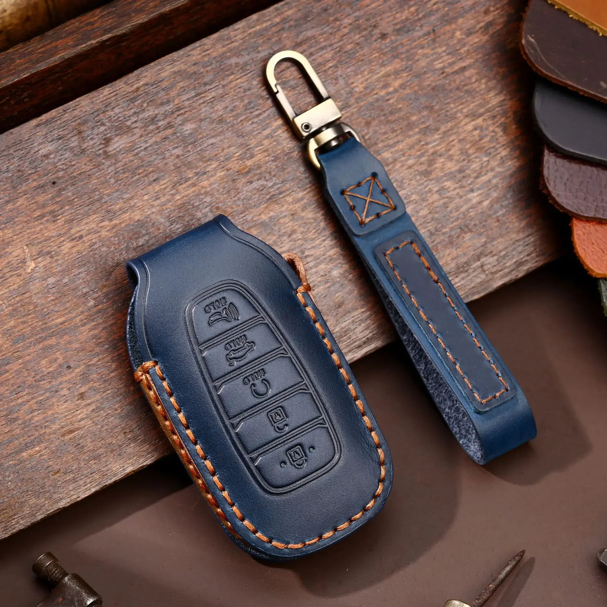 Leather car key fob cover case for Hyundai i30 Kona Elantra Santa Fe, black/blue/brown