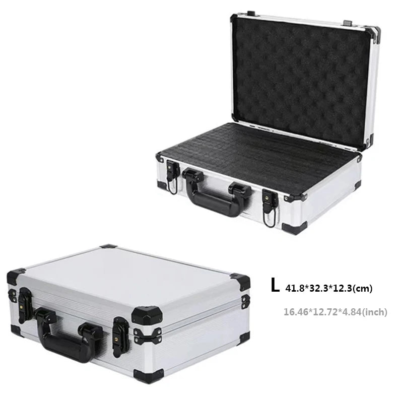 Aluminum Frame Protective Case Storage Box Suitcase with Key Locker Sponge Cubes Compartment for Micrphone Sound Card Mixer