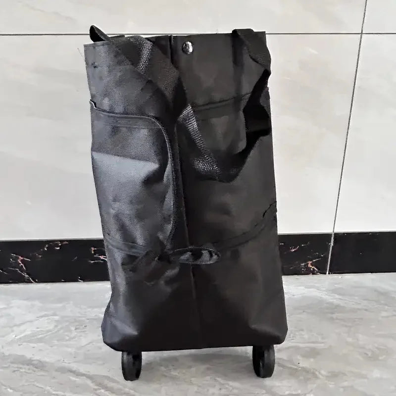 2-in-1 Foldable Shopping Cart Bag Trolley with Wheels, Waterproof Rolling Tote, Black/Green