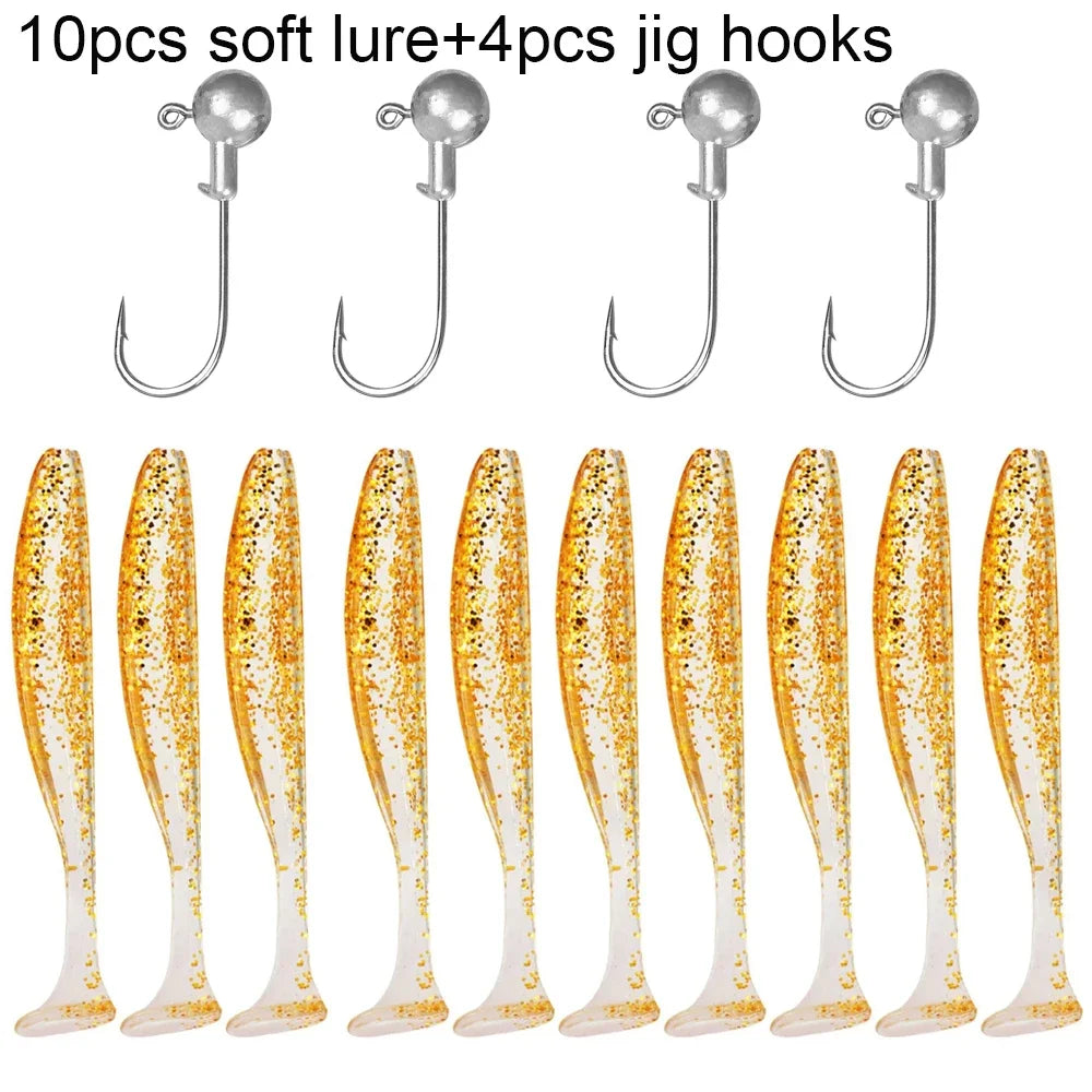 14PCS Gear Kit 10PCS Soft Lure 5.5cm 7cm 10cm T Tail Worm 4PCS Jigging Head Hook 3g 5g 10g Metal Jig Fishing Pesca Swimbait Bait