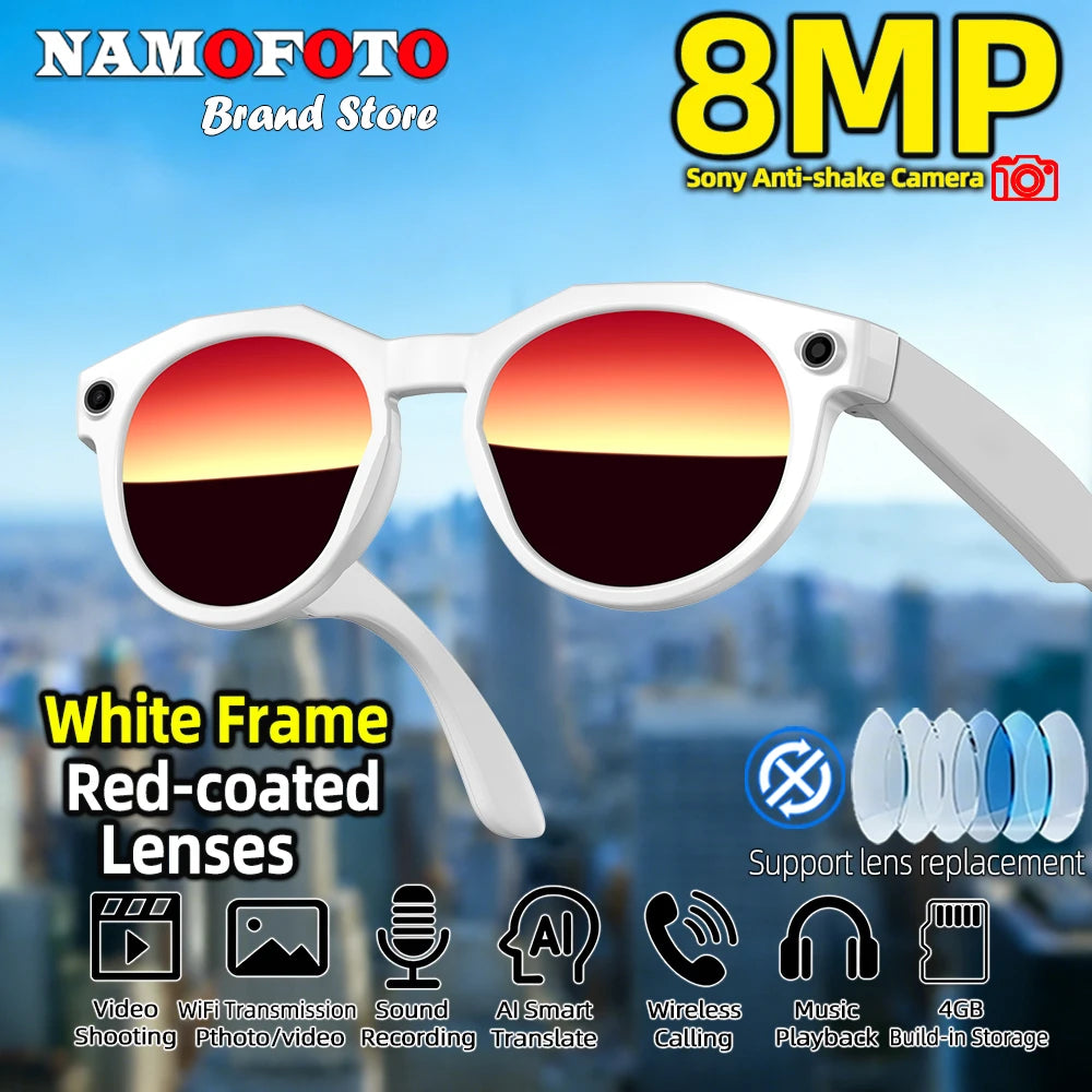 2026 New Smart Glasses 8MP Camera 1080P Video Shooting AI Real-time Translation SI BT Call Music Play Voice Recording Sunglasses