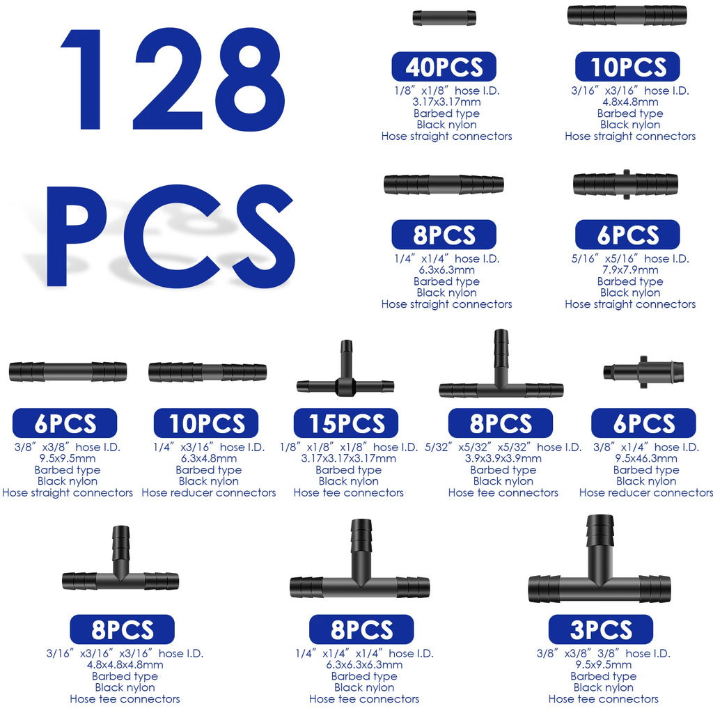 128Pcs Vacuum Connector Assortment Plastic Hose Joiner Tee Water Spray Pipe Joints Plastic Straight T Piece Connectors for Car