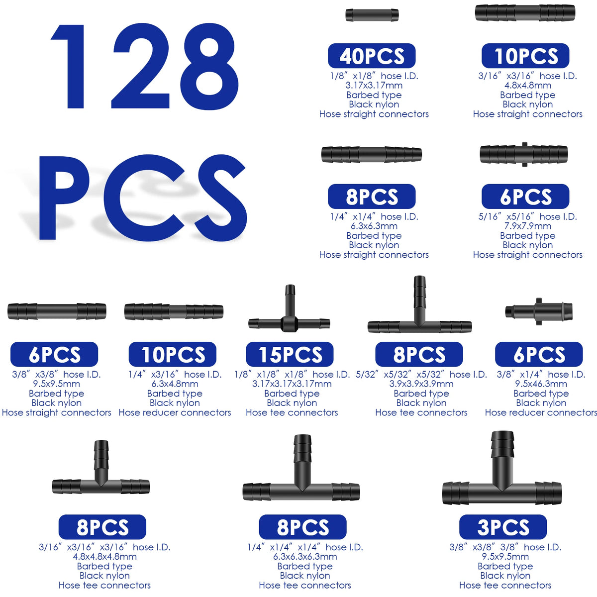 128Pcs Vacuum Connector Assortment Plastic Hose Joiner Tee Water Spray Pipe Joints Plastic Straight T Piece Connectors for Car