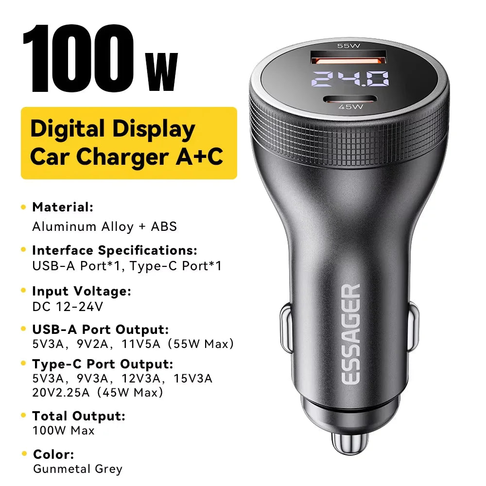 Essager 100W USB C Car Charger PD3.0 Fast Charging Digital Dispaly Quick Charge for iPhone 15pro Samsung Xiaomi  MacBook Laptop