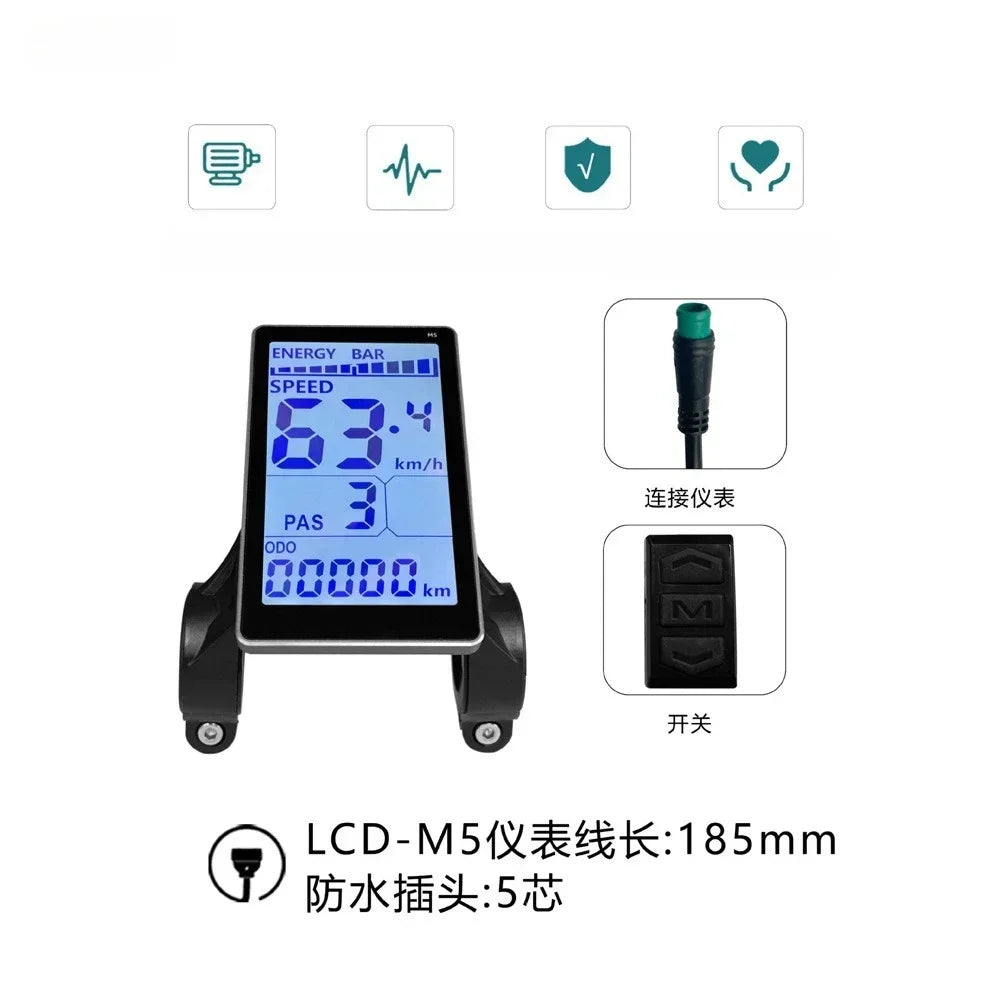 Electric Bike LCD Display Meter M5 5-Pin 24V 36V 48V 60V, Black