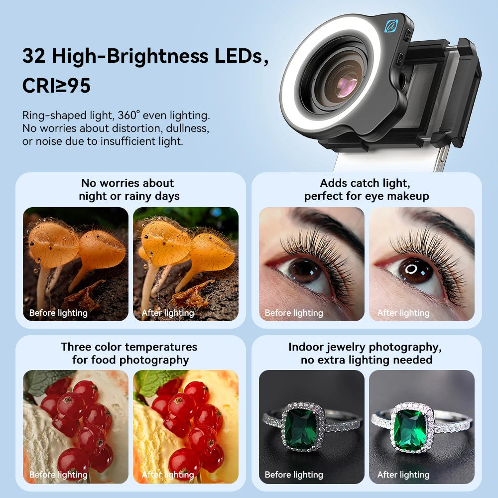APEXEL 10-20X Zoom Macro Lens HD Micro Phone Camera Lenses with LED Fill Light for iPhone Samsung all Smartphones Eyelash Macro