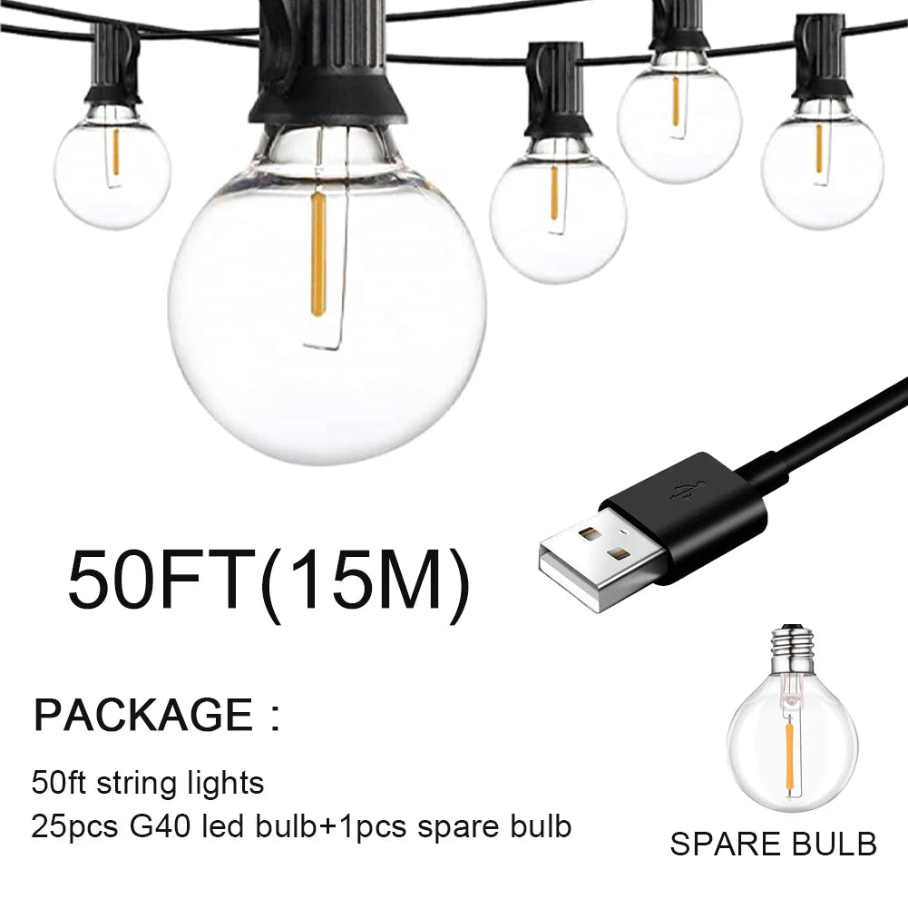 30m 15m 7.6m USB LED Lights 5V 1W G40 Plastic Bulb Outdoor Waterproof Tent Fairy Patio Festoon String Light Wedding Decor