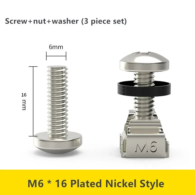 M6 rack mount cabinet screw kit with cage nuts & washers, 12mm/16mm, 20-100pcs