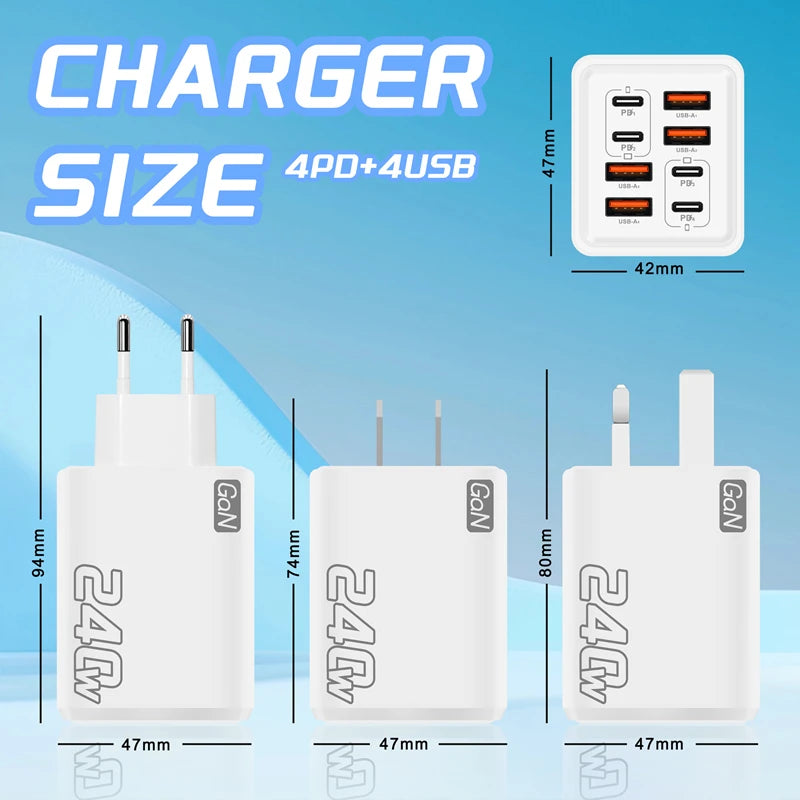 2026 New 240W Multi Port Charger Pd Smartphone Super Fast Charging 4usb-4type-C Charging Head EU US UK Adapter