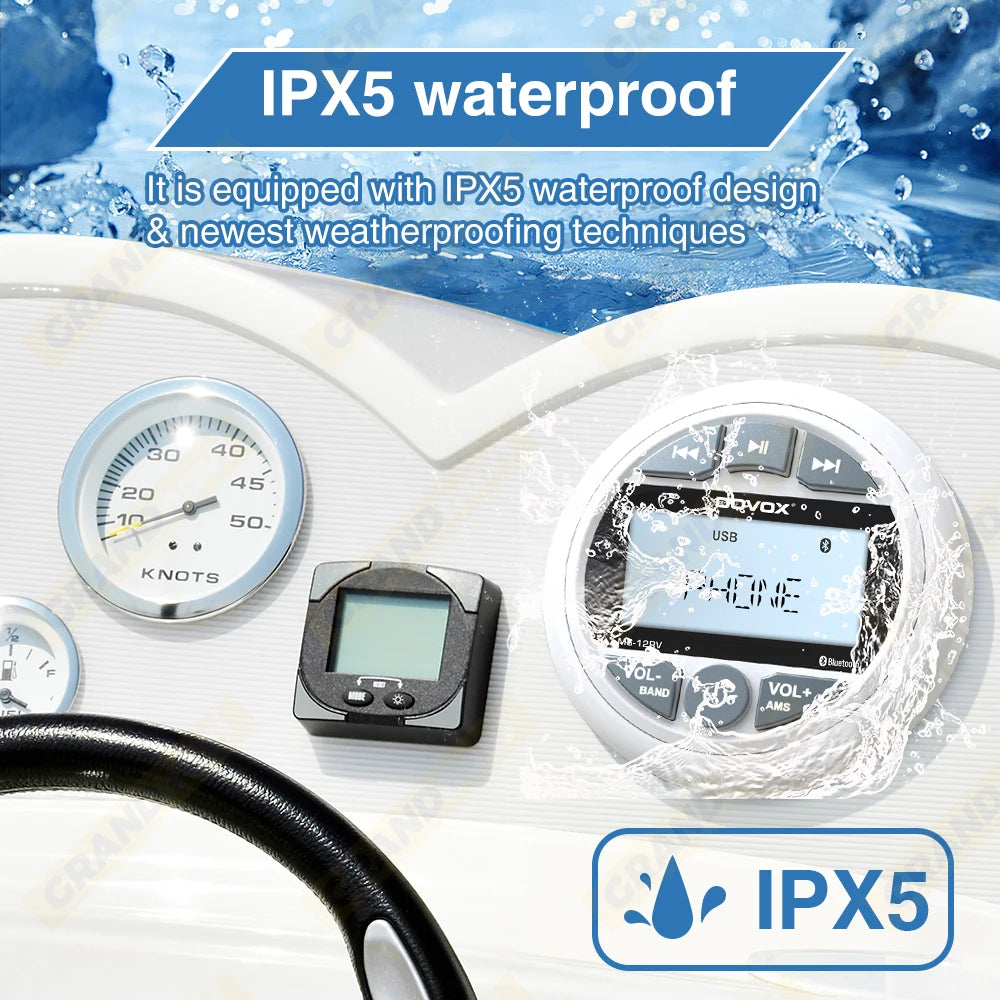 White Marine Stereo Boat Radio Bluetooth IPX5 Waterproof FM AM With Speaker Digital Media Audio For Yacht ATV UTV RV Golf Cart