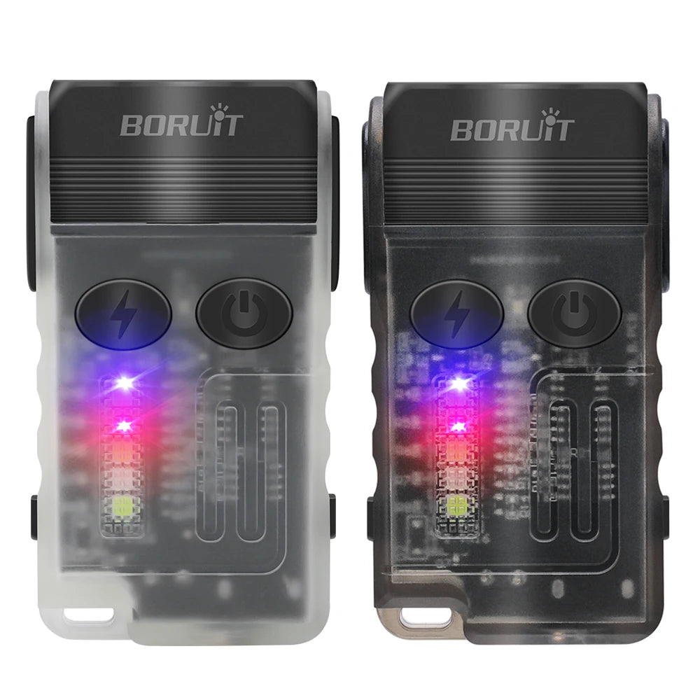 BORUiT V20 LED Flashlight Keychain 180°Rotation UV Magnetic Beep Clip USB-C Rechargeable Camping Fishing Torch Alarm Emergency