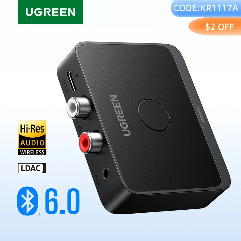 UGREEN Bluetooth 6.0 Audio Receiver Adapter with LDAC AAC, 3.5mm Jack & 2RCA, 15h