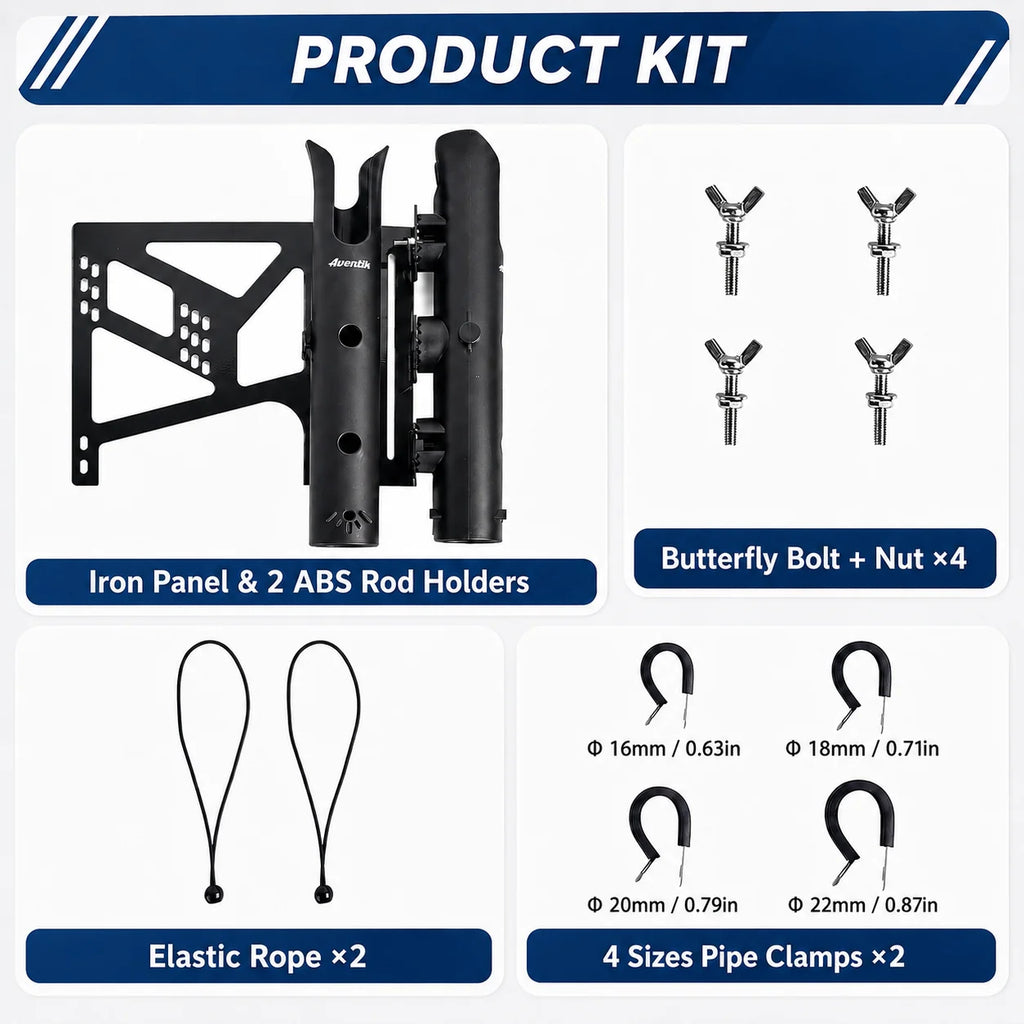 Bicycle Fishing Rod Holder Mount Rack, 2 ABS Holders, Iron Plate, Adjustable Clamp Straps