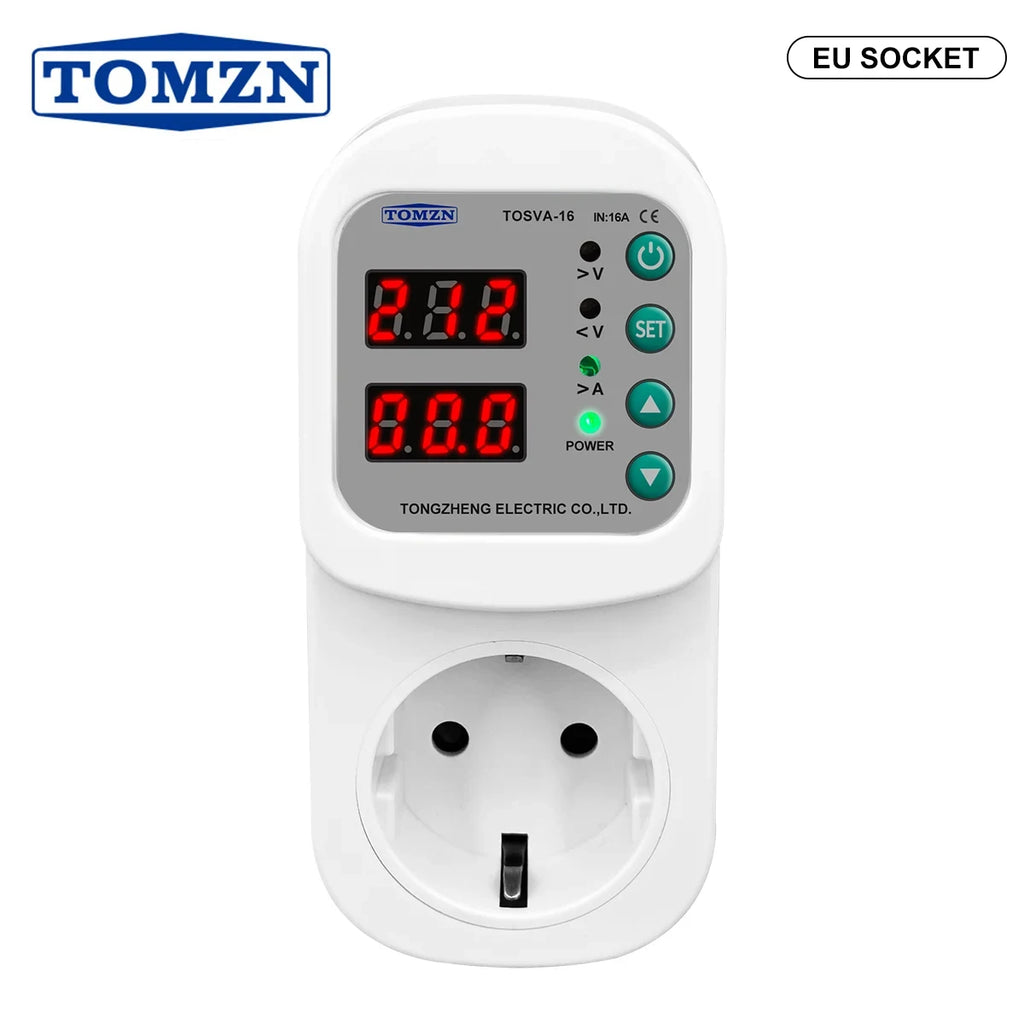 TOMZN Automatic Voltage Current Protector Socket AC 110V 220V Adjustable 16A Power Surge Protector EU Plug Socket TOSVA-16