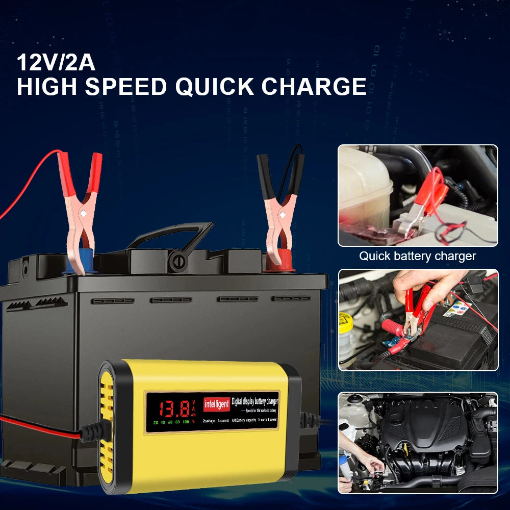 2A 12V Automotive Battery Chargers 3 Stages Intelligent Pulse Repair Car Battery Maintance Storage Cell Charging Device Digital