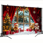 Festive Christmas and New Year photography background - winter snowy landscape with Christmas tree and teddy bear