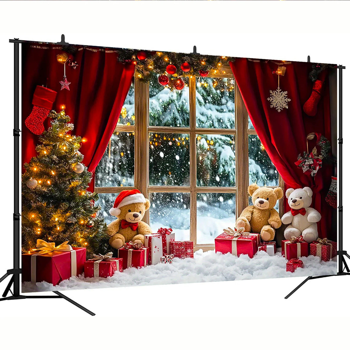 Festive Christmas and New Year photography background - winter snowy landscape with Christmas tree and teddy bear