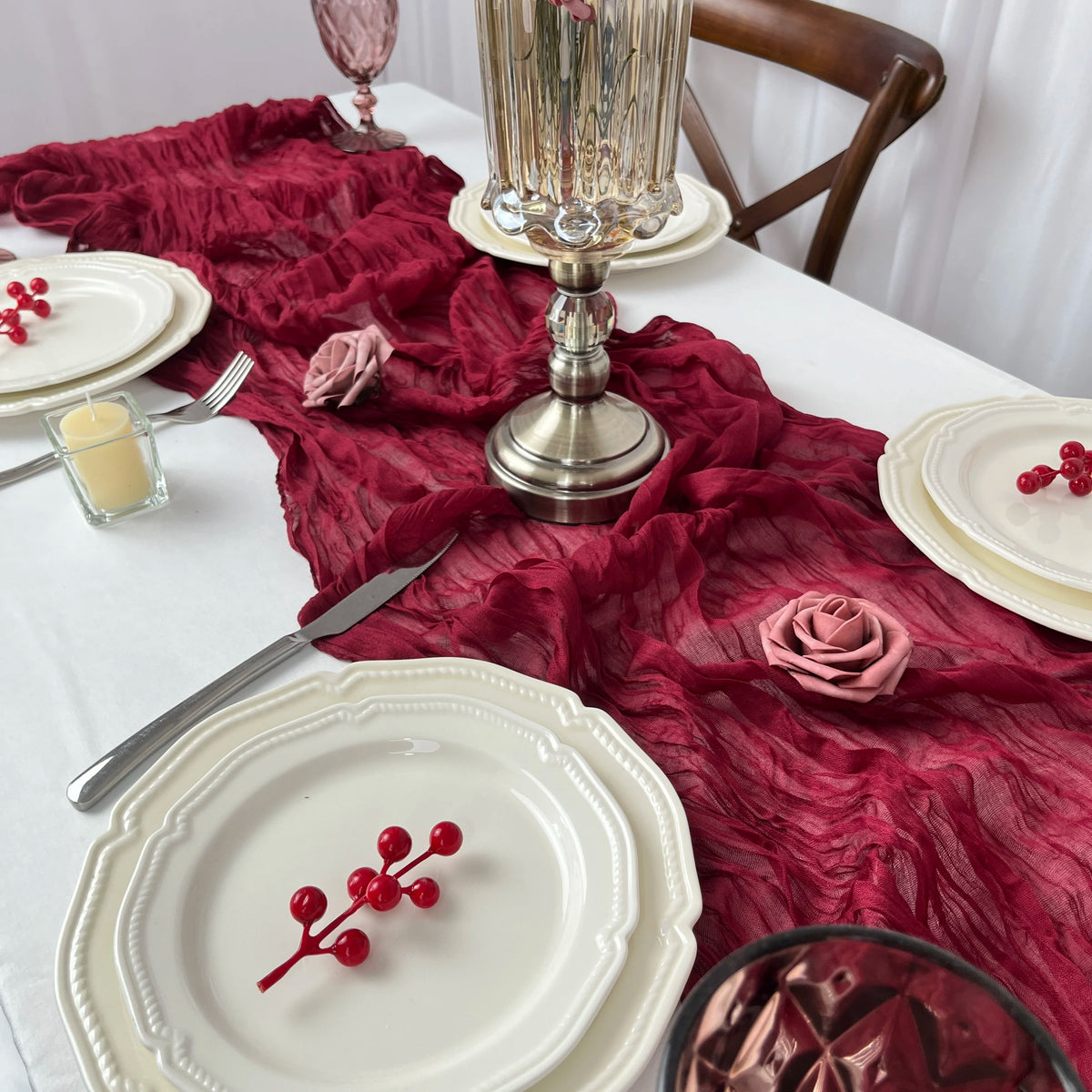 4 Pack Burgundy Cheesecloth Table Runner Gauze Semi-Sheer Backdrop Drape Fabric for Wedding Holiday Party Bridal Shower Decor