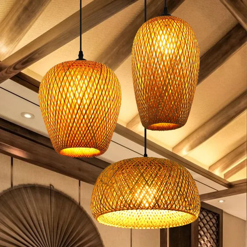 Newest Bamboo Pendant Lamps Ceiling Lights Rattan Wicker Lustre Hand Knit Braiding Suspended Home Dining Braided Decoration HOT