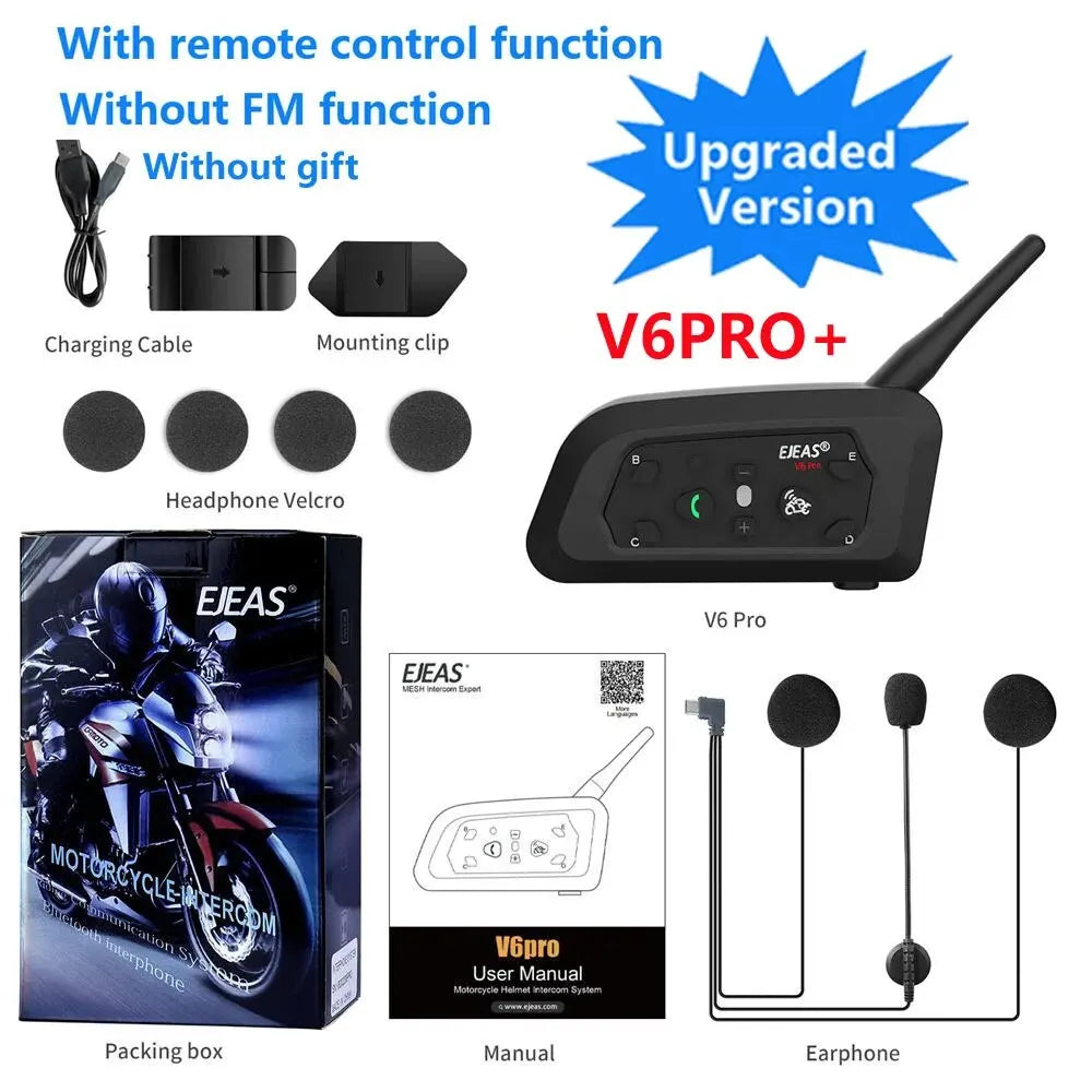 EJEAS V6 PRO + Bluetooth Motorcycle Helmet Intercom Headset with 800M BT Interphone Communicator for 6 Riders Waterproof MP3
