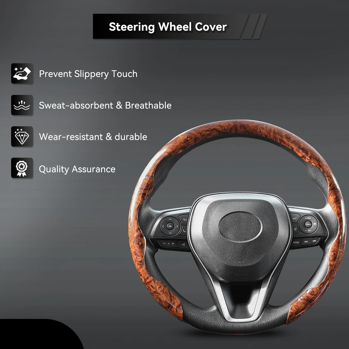 Car Steering Wheel Cover 38cm (15in) Mahogany Wood Grain, Anti-Slip, for BMW 1/3/5 Series X1 X3 X5